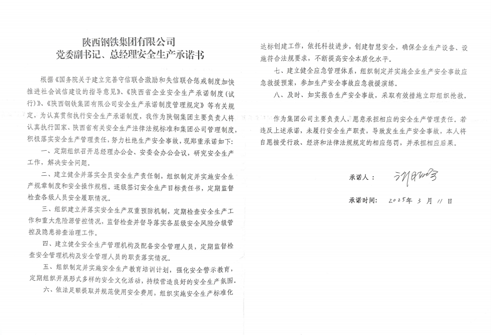 陜西鋼鐵集團(tuán)有限公司黨委副書記、總經(jīng)理安全生產(chǎn)承諾書